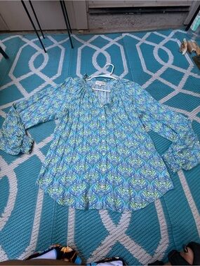 Hale Bob Blue & Green Printed Button-Front Blouse Sz Medium